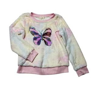 btween Fuzzy Sequin Butterfly Sweatshirt - Pink and Cream